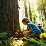 **A group of children exploring a forest, observing plants and insects, creating insect specimens.  Sunlight filters through the trees.  Educational, nature-focused, vibrant colors.**
