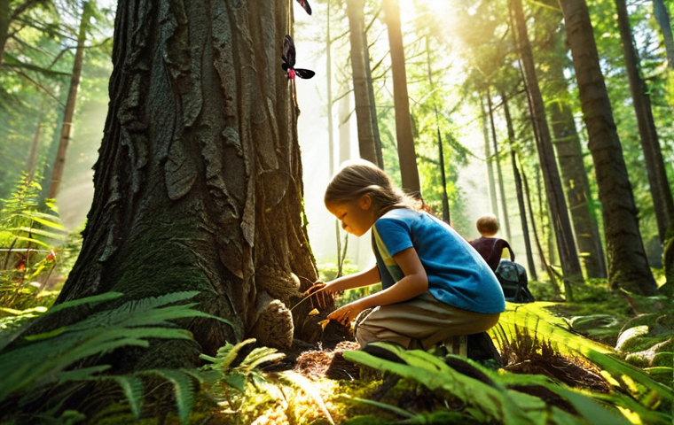 **A group of children exploring a forest, observing plants and insects, creating insect specimens.  Sunlight filters through the trees.  Educational, nature-focused, vibrant colors.**