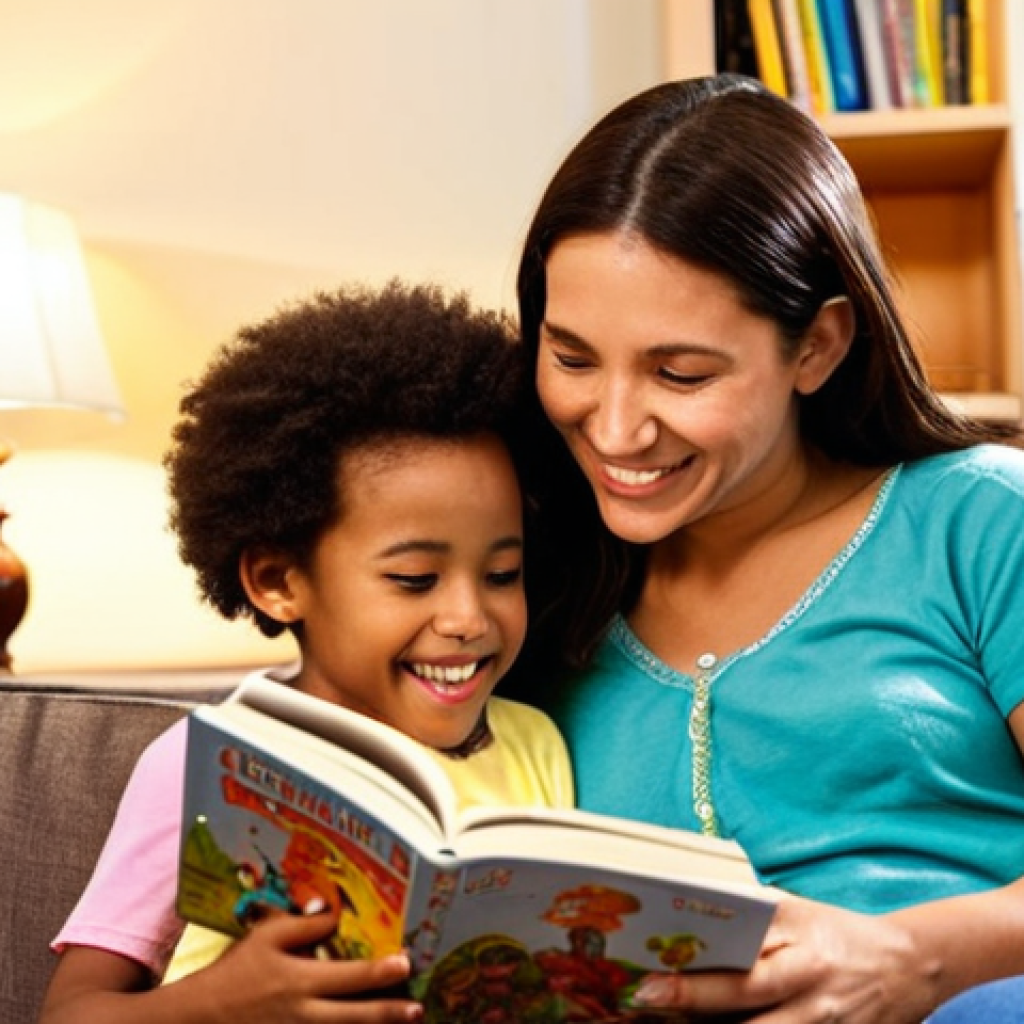**Image Prompt 1:** A heartwarming, cozy scene of a parent and a young child (around 4-6 years old) sharing a colorful physical picture book on a comfortable sofa. Soft, warm light from a nearby lamp illuminates their faces. A well-stocked bookshelf filled with diverse children's books is visible in the blurred background. The child is actively engaged, perhaps pointing at a picture or smiling, while the parent reads with a gentle, loving expression, emphasizing the emotional bond and joy of shared storytelling. Cinematic, high detail, depth of field.