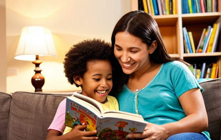 **Image Prompt 1:** A heartwarming, cozy scene of a parent and a young child (around 4-6 years old) sharing a colorful physical picture book on a comfortable sofa. Soft, warm light from a nearby lamp illuminates their faces. A well-stocked bookshelf filled with diverse children's books is visible in the blurred background. The child is actively engaged, perhaps pointing at a picture or smiling, while the parent reads with a gentle, loving expression, emphasizing the emotional bond and joy of shared storytelling. Cinematic, high detail, depth of field.