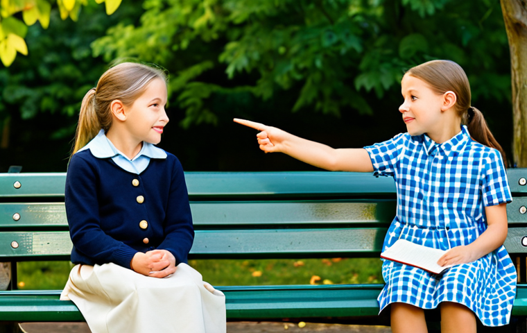 A thoughtful female children's book author, in modest professional attire, sitting on a park bench. She is gently observing children in the bright background; one child is engrossed in examining a leaf, while another is pointing excitedly at a bird. The scene is bathed in soft, natural light, conveying a sense of calm inspiration and curiosity. Perfect anatomy, correct proportions, natural pose, well-formed hands, proper finger count, natural body proportions. Fully clothed, appropriate attire, safe for work, family-friendly, professional photography, high quality.