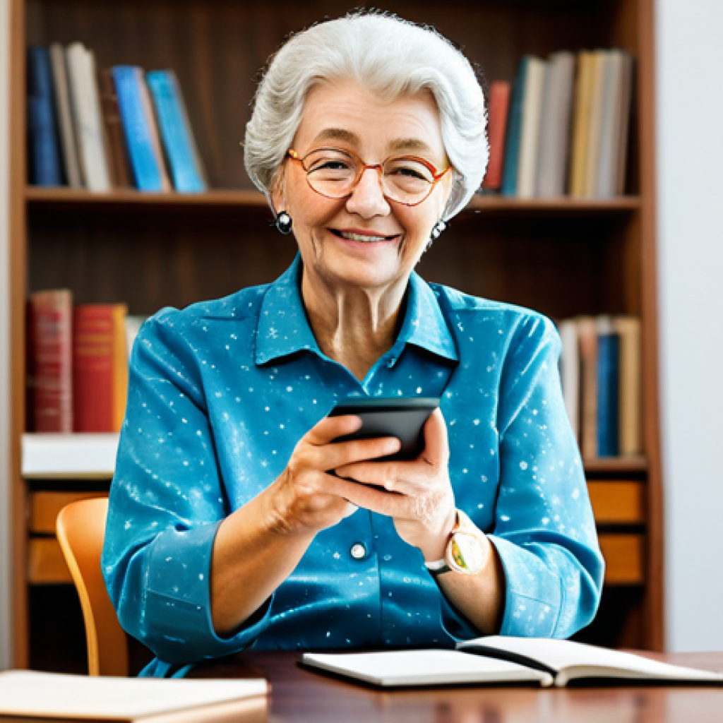 A wise and vibrant senior woman in a modest, modern blouse and smart trousers, seated comfortably at a polished wooden table in a bright, contemporary community learning center. She is actively engaged, possibly looking at a tablet or subtly gesturing as if explaining a concept to an unseen individual, symbolizing lifelong learning and digital literacy. Bookshelves filled with diverse books are visible in the soft-focus background. The setting is inviting and well-lit. Professional photography, high-resolution, detailed, cinematic lighting. fully clothed, modest clothing, appropriate attire, safe for work, appropriate content, perfect anatomy, correct proportions, natural pose, well-formed hands, proper finger count, natural body proportions, family-friendly.
