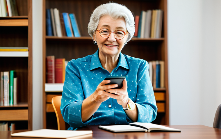 A wise and vibrant senior woman in a modest, modern blouse and smart trousers, seated comfortably at a polished wooden table in a bright, contemporary community learning center. She is actively engaged, possibly looking at a tablet or subtly gesturing as if explaining a concept to an unseen individual, symbolizing lifelong learning and digital literacy. Bookshelves filled with diverse books are visible in the soft-focus background. The setting is inviting and well-lit. Professional photography, high-resolution, detailed, cinematic lighting. fully clothed, modest clothing, appropriate attire, safe for work, appropriate content, perfect anatomy, correct proportions, natural pose, well-formed hands, proper finger count, natural body proportions, family-friendly.