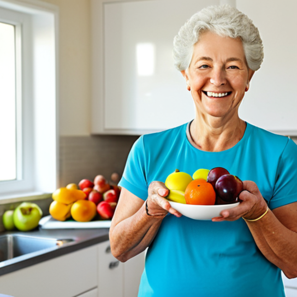 Healthy Eating & Active Lifestyle**
A senior woman in comfortable athletic wear, fully clothed, smiling while holding a bowl of colorful fruits and vegetables in a bright, sunny kitchen. In the background, a park with people practicing Tai Chi. Safe for work, appropriate content, professional, family-friendly, perfect anatomy, correct proportions, natural pose, well-formed hands, proper finger count, natural body proportions.
**