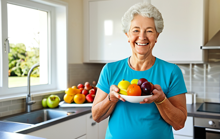 Healthy Eating & Active Lifestyle**

A senior woman in comfortable athletic wear, fully clothed, smiling while holding a bowl of colorful fruits and vegetables in a bright, sunny kitchen. In the background, a park with people practicing Tai Chi. Safe for work, appropriate content, professional, family-friendly, perfect anatomy, correct proportions, natural pose, well-formed hands, proper finger count, natural body proportions.

**