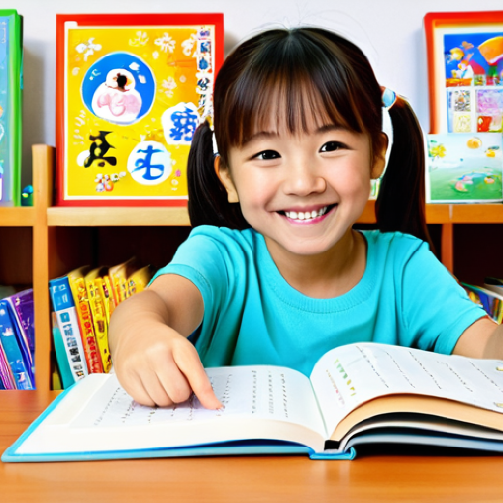 **
A young girl (age 5-6) sitting at a table, surrounded by colorful picture books in Japanese (with Hiragana and Katakana visible). She is smiling and pointing at a picture. The room is bright and cheerful, with toys in the background. She is fully clothed in a modest, age-appropriate outfit. Perfect anatomy, natural pose, proper finger count, well-formed hands. Safe for work, appropriate content, fully clothed, family-friendly, professional illustration.
**