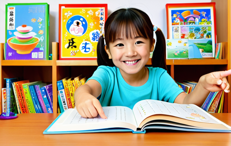 **

A young girl (age 5-6) sitting at a table, surrounded by colorful picture books in Japanese (with Hiragana and Katakana visible). She is smiling and pointing at a picture. The room is bright and cheerful, with toys in the background.  She is fully clothed in a modest, age-appropriate outfit. Perfect anatomy, natural pose, proper finger count, well-formed hands. Safe for work, appropriate content, fully clothed, family-friendly, professional illustration.

**