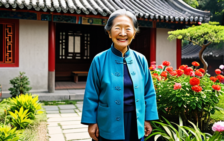 **

A vibrant portrait of a Chinese grandmother in her 80s, fully clothed in traditional, modest Chinese clothing. She is smiling warmly, with perfect anatomy and natural proportions, standing in a bright, sunny garden filled with blooming flowers. In the background, a traditional Chinese house can be seen. Capture the essence of her resilience and wisdom. Safe for work, appropriate content, family-friendly. Professional photography, high quality.

**