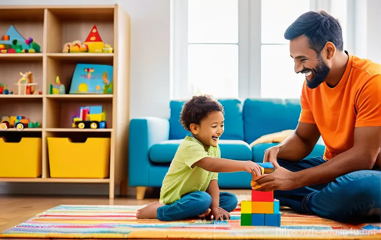 어린이 뇌 훈련 - **Prompt 1: Joyful Play-Based Learning and Family Bonding**
    A vibrant, brightly lit indoor scene...