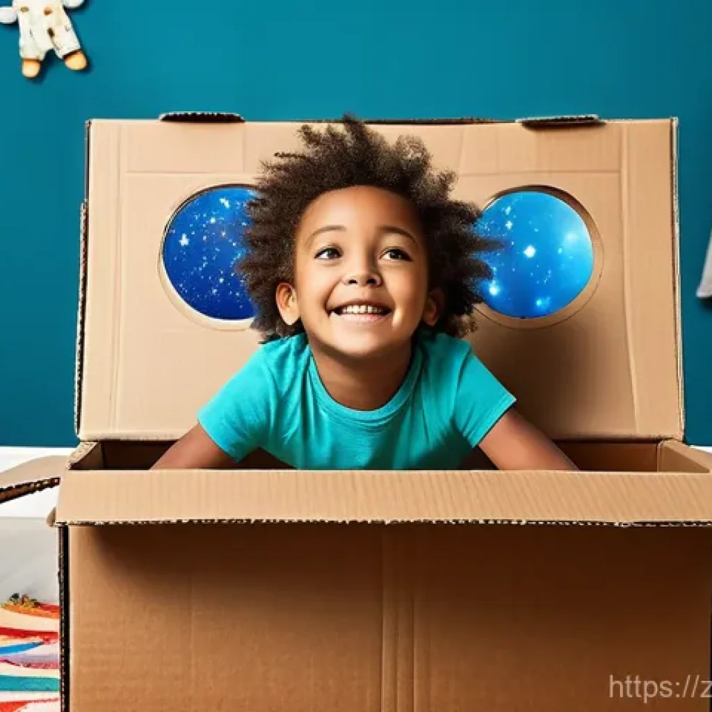 아이들의 창의성 향상 - **Prompt: Joyful Cardboard Spaceship Adventure**
An imaginative 6-year-old child, dressed in com...