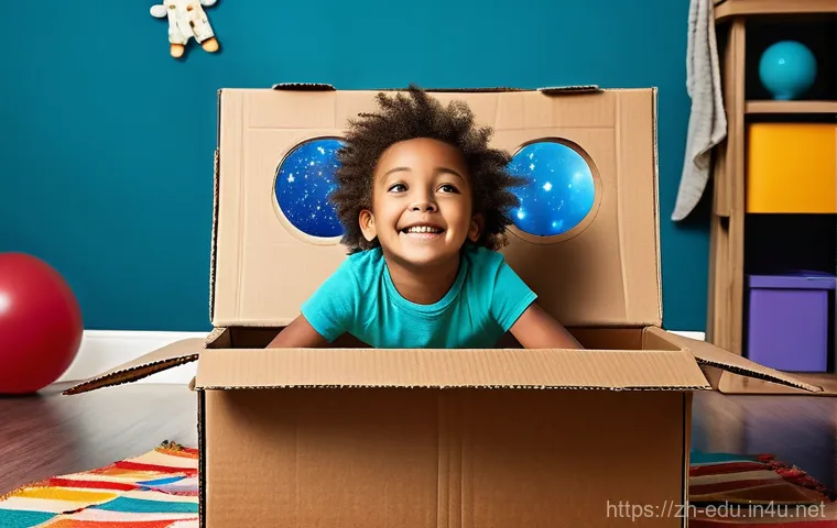 아이들의 창의성 향상 - **Prompt: Joyful Cardboard Spaceship Adventure**
    An imaginative 6-year-old child, dressed in com...