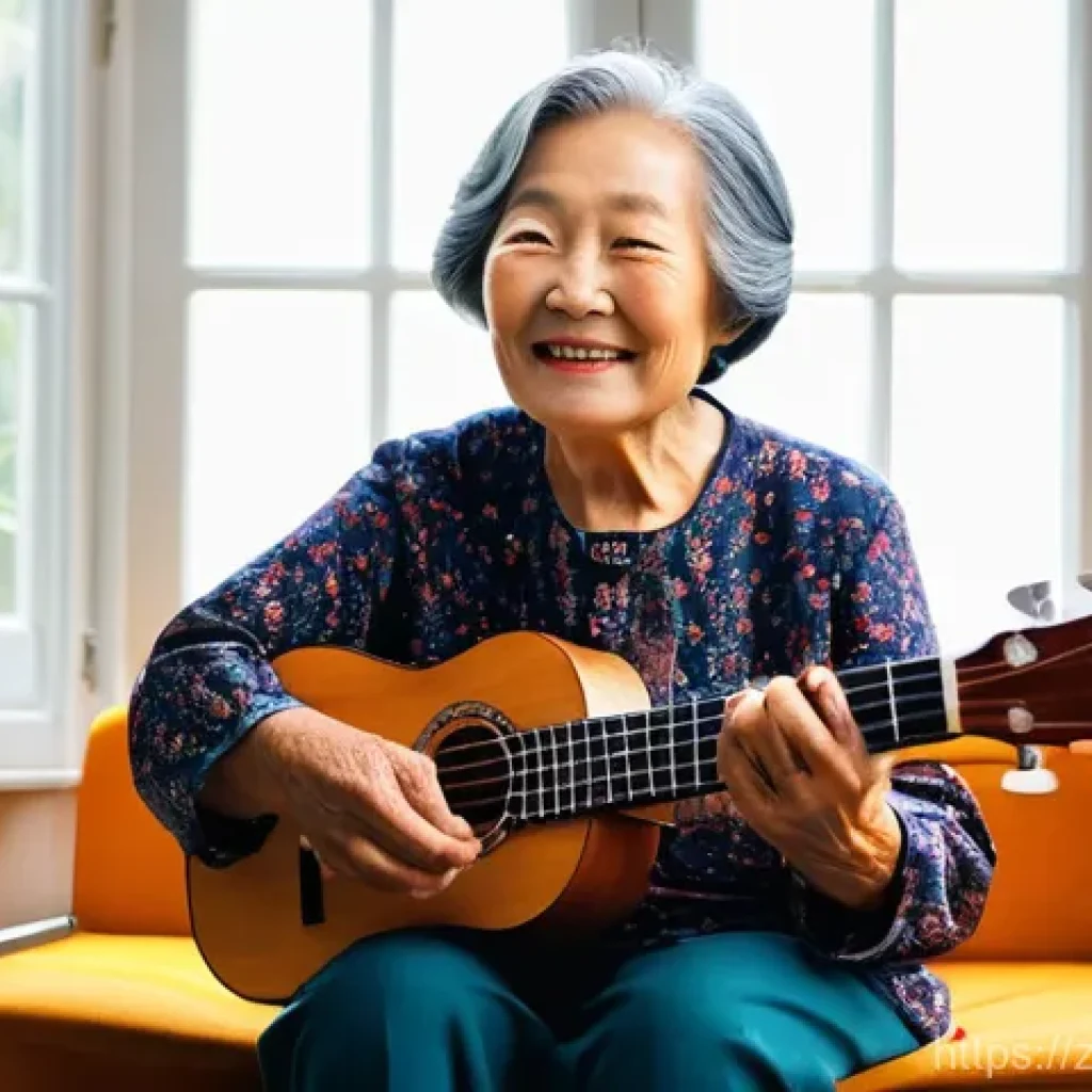 시니어 음악 수업 - **Prompt 1: Joyful Senior Learning Ukulele**
A vibrant, heartwarming portrait of an elderly Chin...