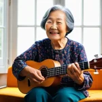 시니어 음악 수업 - **Prompt 1: Joyful Senior Learning Ukulele**
A vibrant, heartwarming portrait of an elderly Chin...