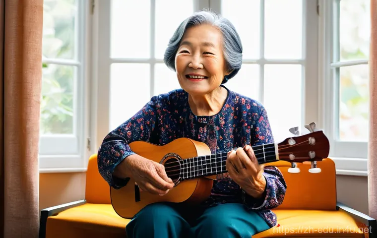 시니어 음악 수업 - **Prompt 1: Joyful Senior Learning Ukulele**
A vibrant, heartwarming portrait of an elderly Chin...