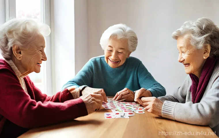 시니어 보드 게임 - **Prompt for Memory Flip Card Game:**
"A brightly lit, cozy community center where three elderly...