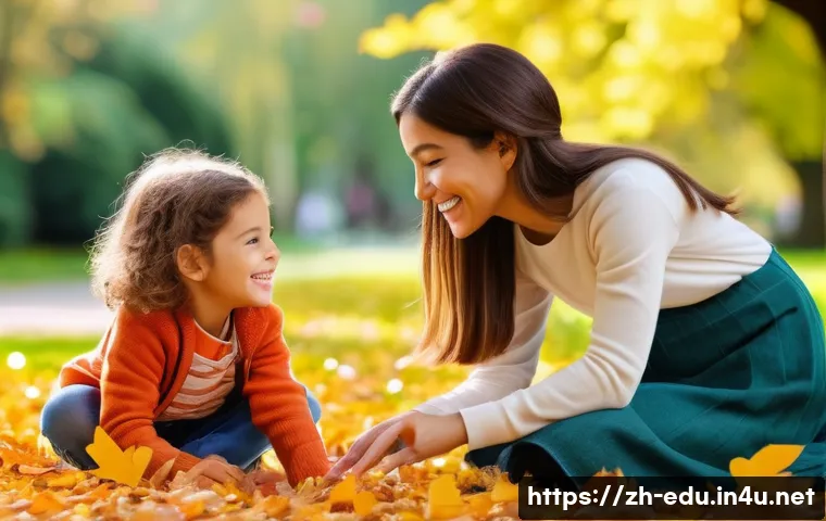 어린이 사회성 프로그램 - A heartwarming scene in a vibrant, sunny park. A shy preschool-aged child, wearing a colorful, modes...