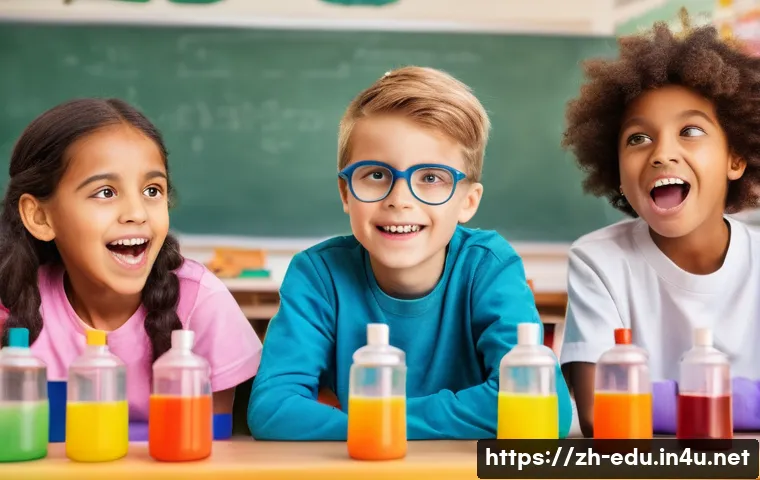 어린이 과학 클럽 - **Prompt:** A vibrant, eye-level shot of three diverse children, aged 6-9, gathered around a table i...